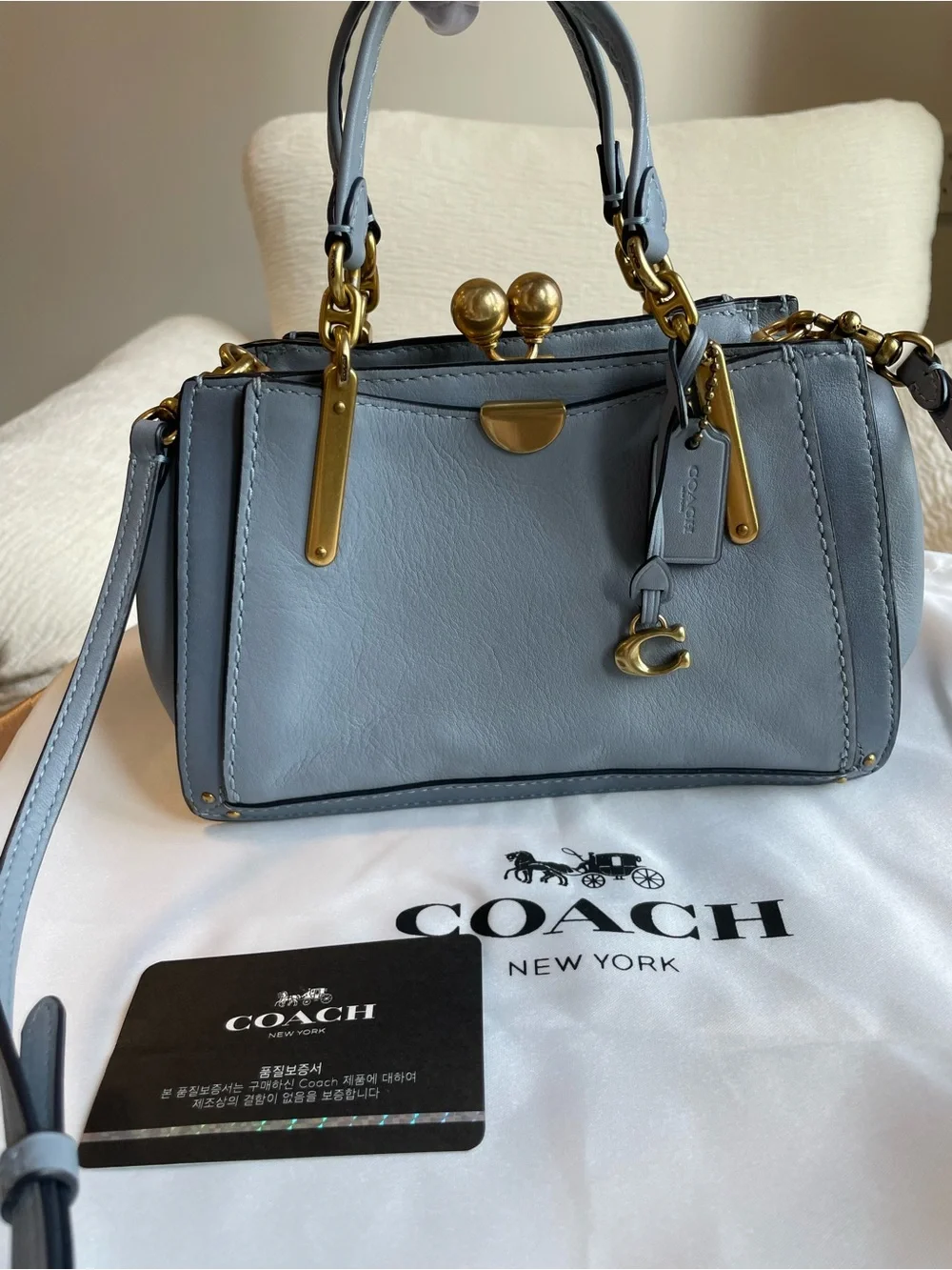 Coach Kisslock Dreamer 21 Blue Leather Satchel with Gold Hardware with Card